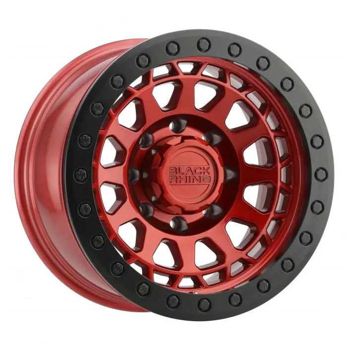 JUEGO DE 5 RINES 17X8.5  5X127  CB 71.6 ET-38 PRIMM CANDY RED W/BLACK RING & BLACK BOLTS